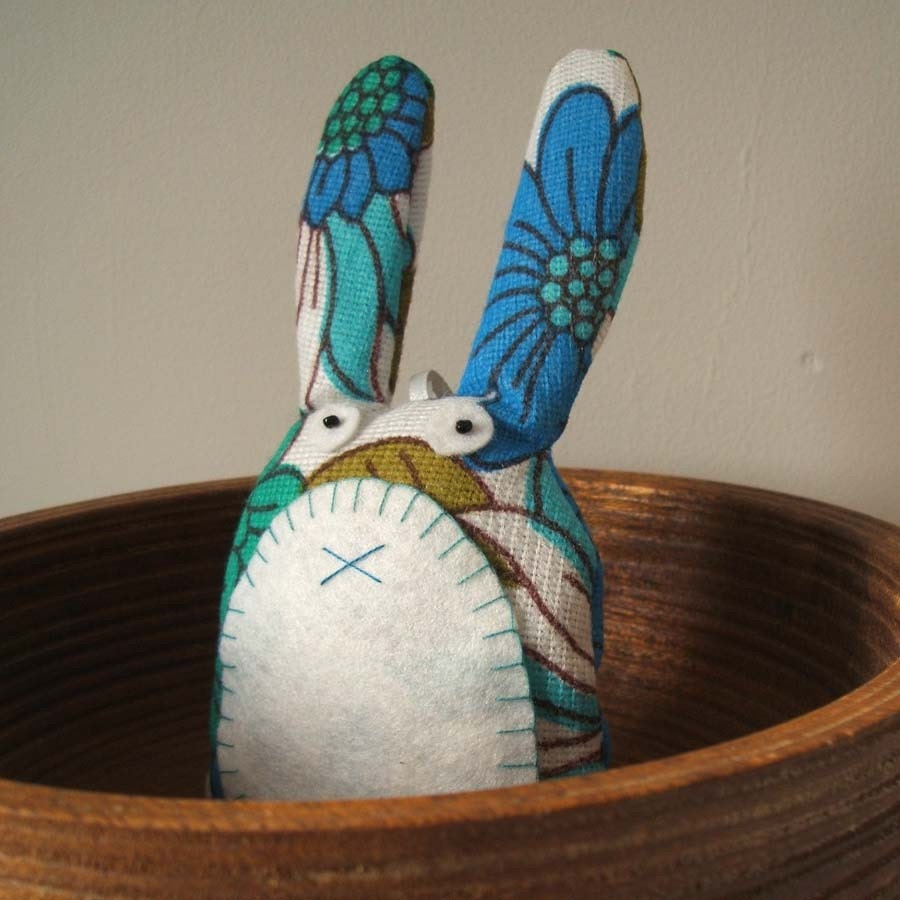 Lavender sachet rabbit handmade in turquoise and cobalt blue vintage fabric