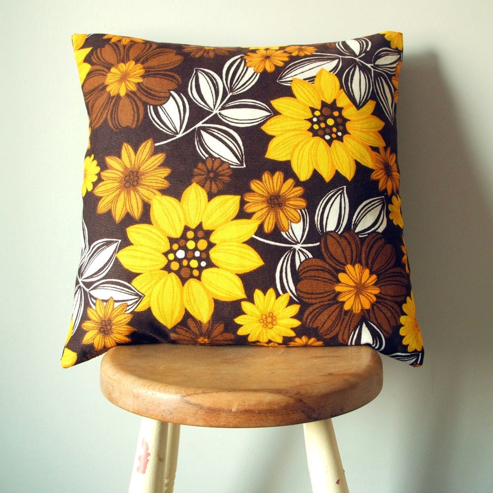 vintage fabric cushion cover in buttercup and chestnut