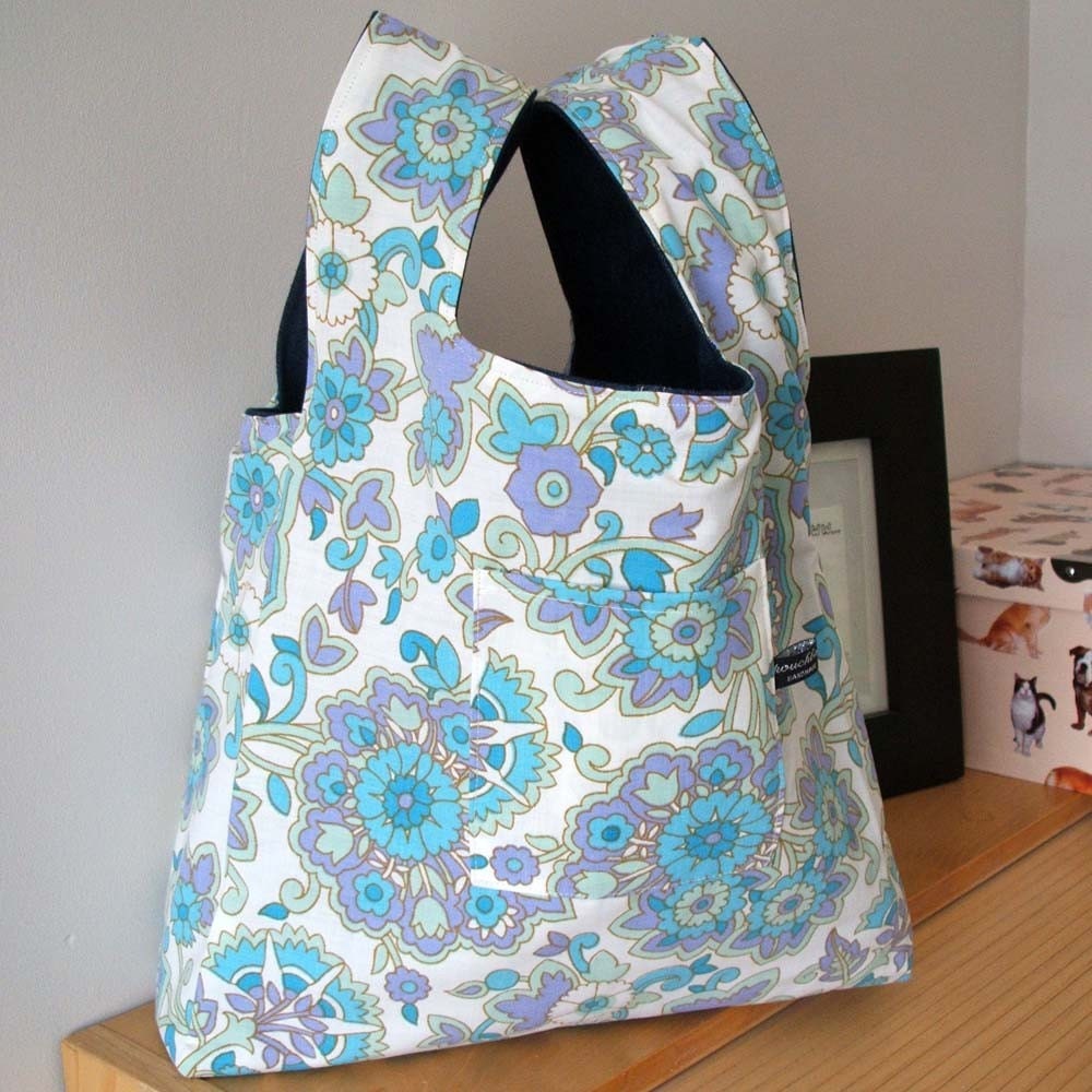 Navy and turquoise reversible market day tote SALE