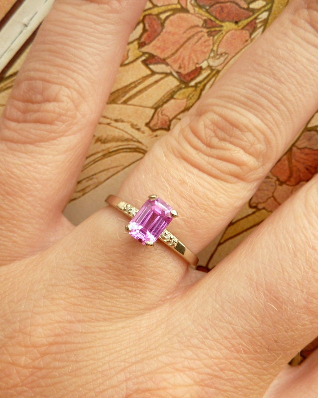 Emerald Cut Pink Sapphire and Diamond Ring