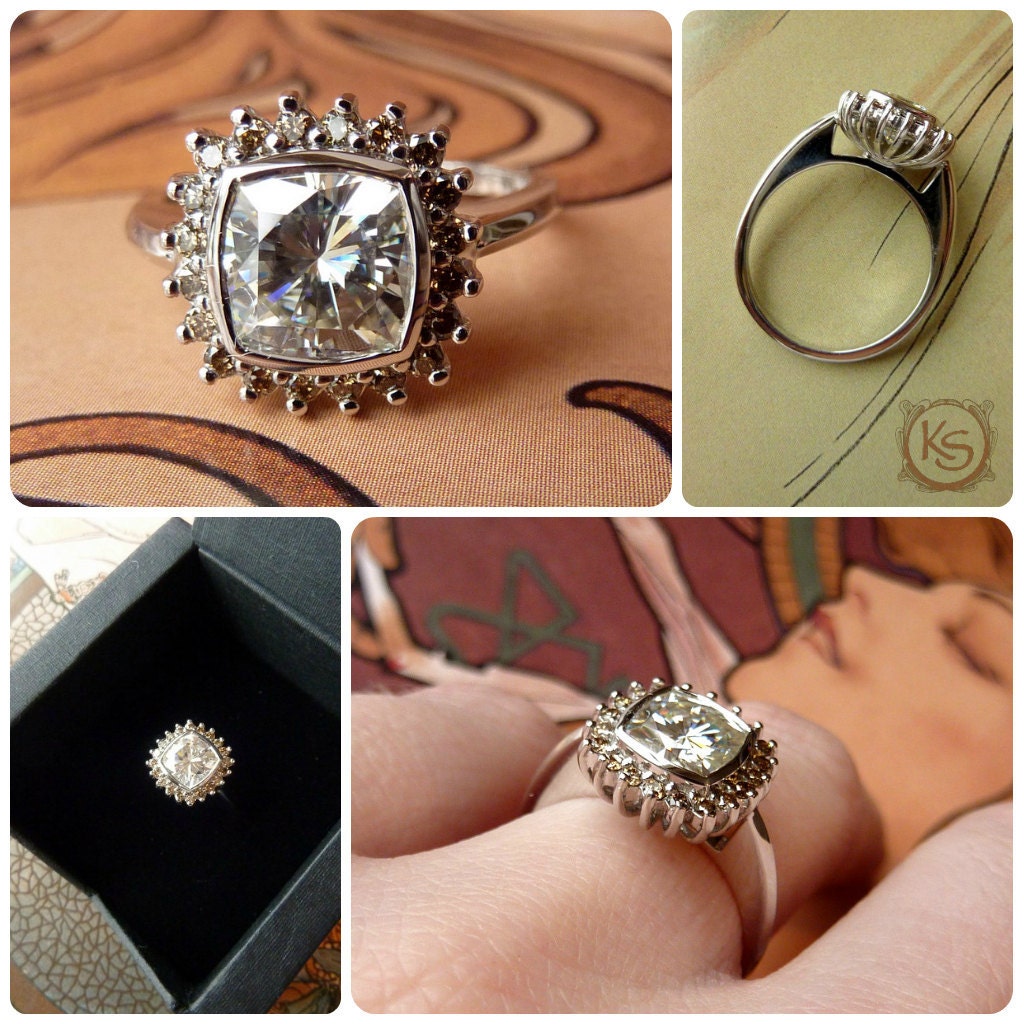 Antique Square Moissanite and Champagne Diamond Halo Ring
