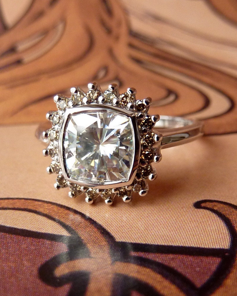 Antique Square Moissanite and Champagne Diamond Halo Ring