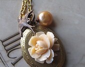 Locket,  Ivory Rose Swallow,  Apricot Fresh Water Pearl,  Gold Tone Necklace, Keepsake, Bridesmaid Jewelry Gift