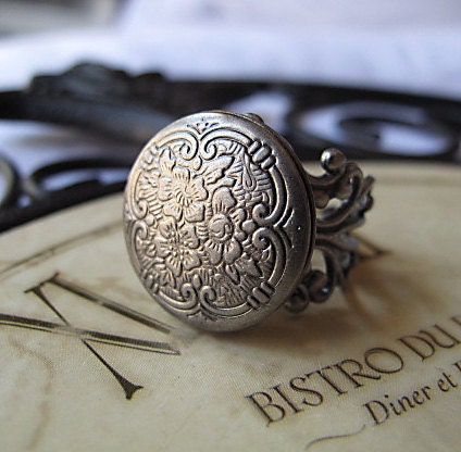 Locket Ring, Antique Silver, Brushed Metal Filigree Band,  Adjustable, Keepsake Bridal Jewelry, Bridesmaid Gift,
