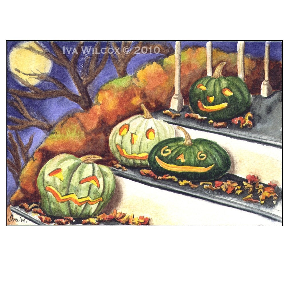 Halloween Night Out - Smiling JOLs PRINT of my original watercolor