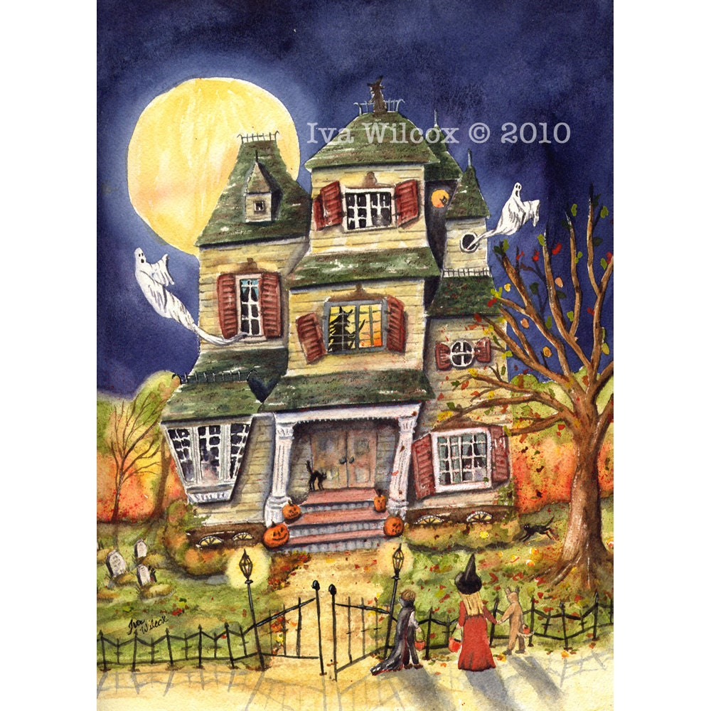 Halloween Haunt Trick or Treat - Limited Edition PRINT of Original Watercolor Painting Folk Art