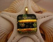 Black and Gold Fall Leaves Dichroic Fused Glass Pendant Necklace Jewelry B1 P8