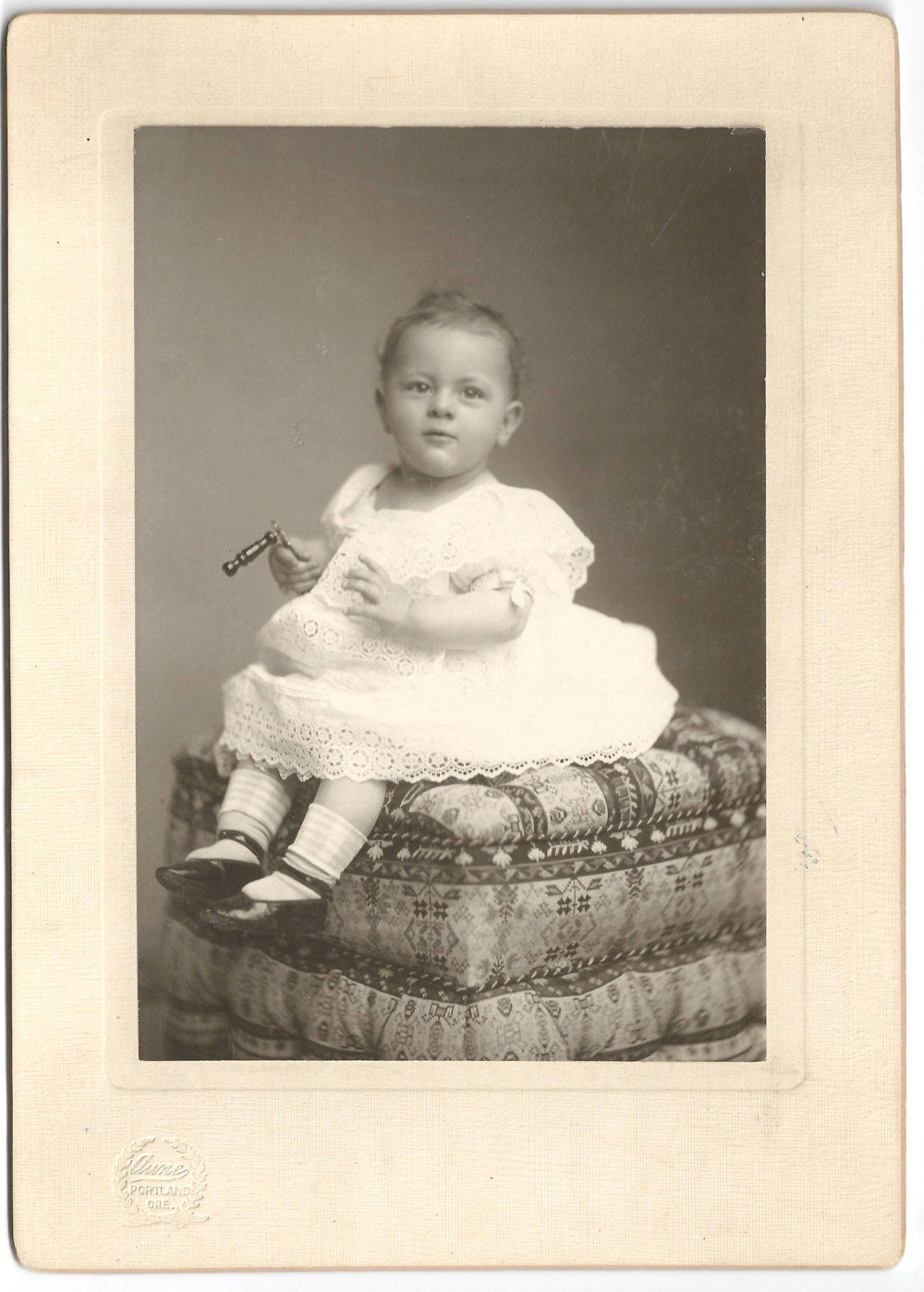 Antique photo ADORABLE baby white lace dress christening gown toy rattle identified CDV