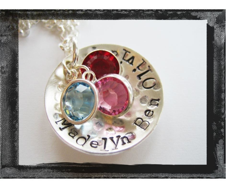 Hand Stamped Necklace - Personalized Jewelry - Sterling Silver Hammered and Textured Pendant Necklace with Birthstones