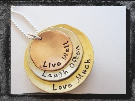 Hammered and Textured Stacked Mixed Metal Pendant Live Laugh Love