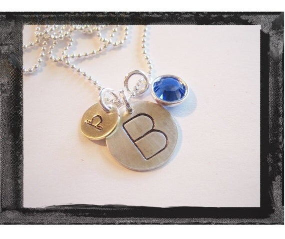 Hand Stamped Sterling Silver Charm INITIAL Necklace Choose ZODIAC Stamp and BIRTHSTONE