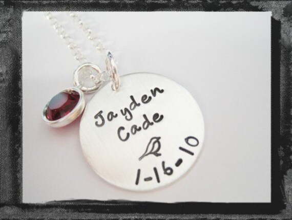 Hand Stamped Sterling Silver Birthdate Necklace with Design Stamp and Birthstone