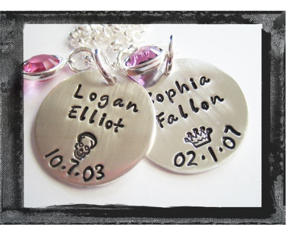 Hand Stamped Necklace - Personalized Jewelry - Sterling Silver 2 disc Birthdate Necklace with Design Stamp and Birthstone
