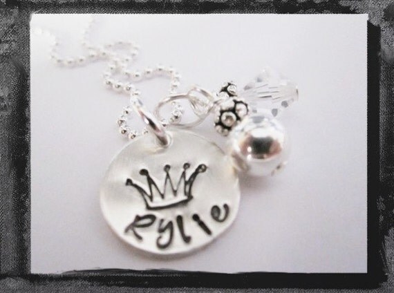 Hand Stamped Sterling Silver Charm Necklace Princess Crown and Name