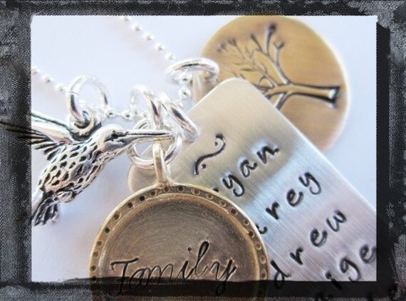 Hand Stamped Necklace - Personalized Charms in Mixed Metal - Hummingbird