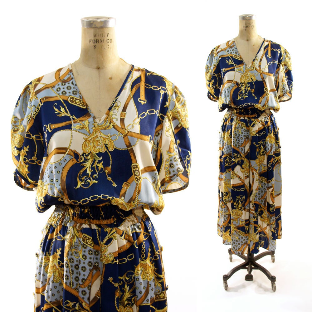 Diane Fres Chain & Buckle Print Dress with Tulip Sleeves and Full Skirt