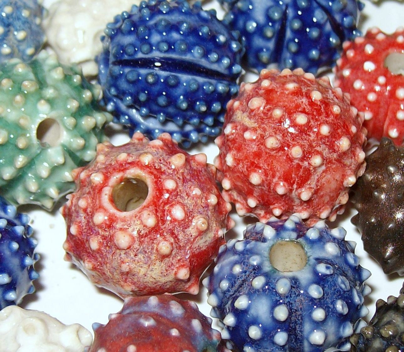 2 iced cherry red  Sea Urchin porcelain beads for necklace or jewelry creations - by Earth N Elements Pottery