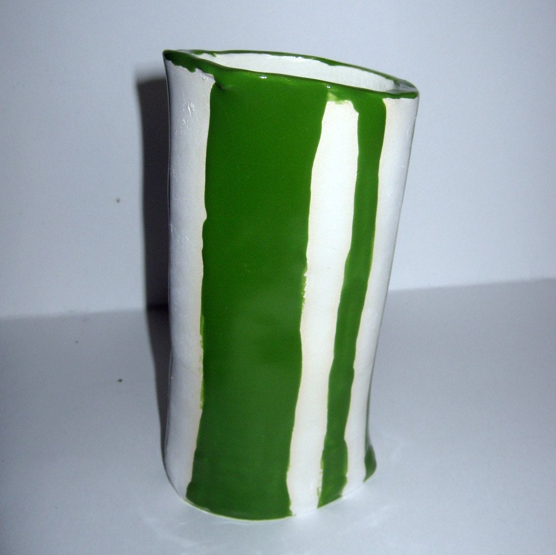 Green\/White Striped Stoneware Vase
