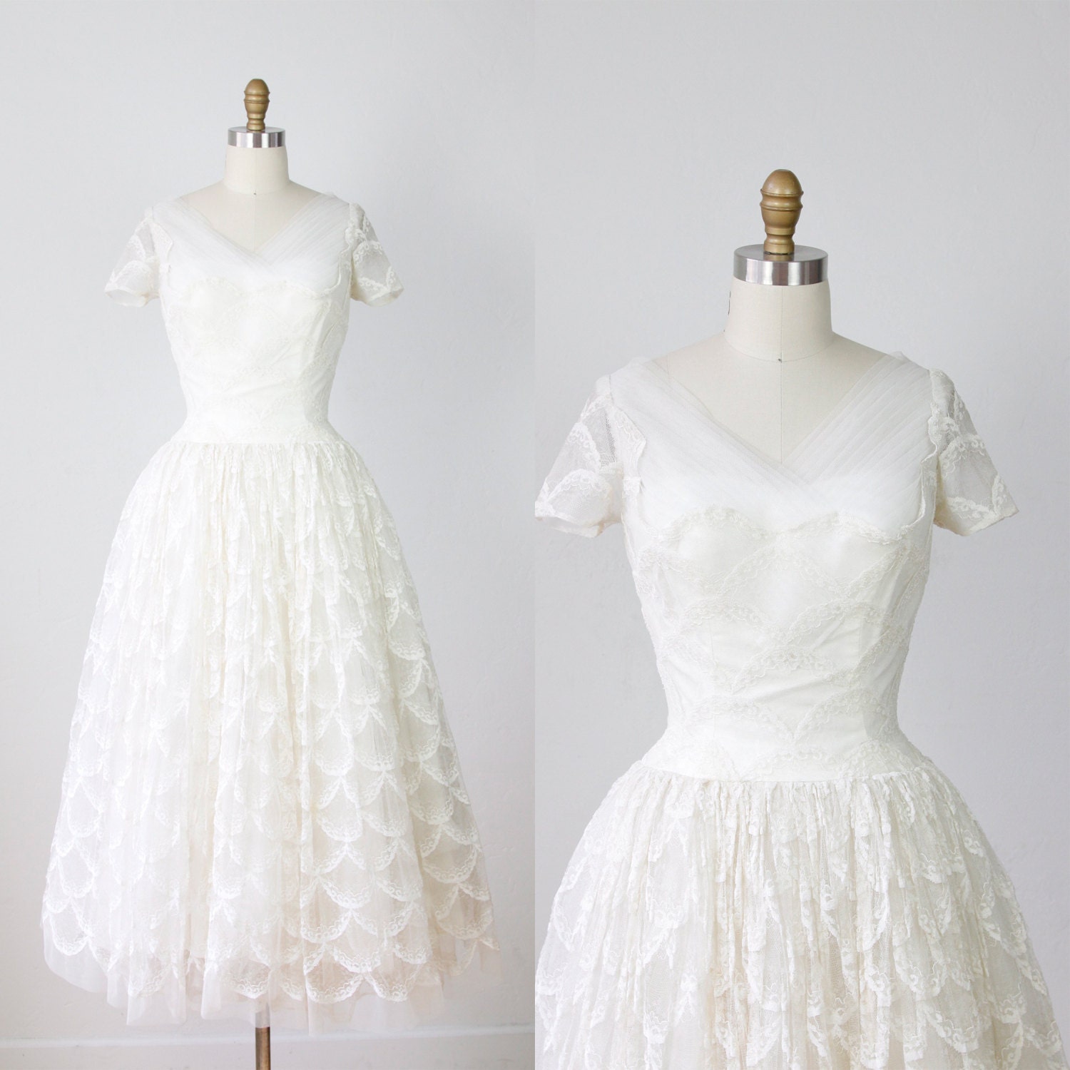 1950s White Lace Wedding Dress Tulle VIntage