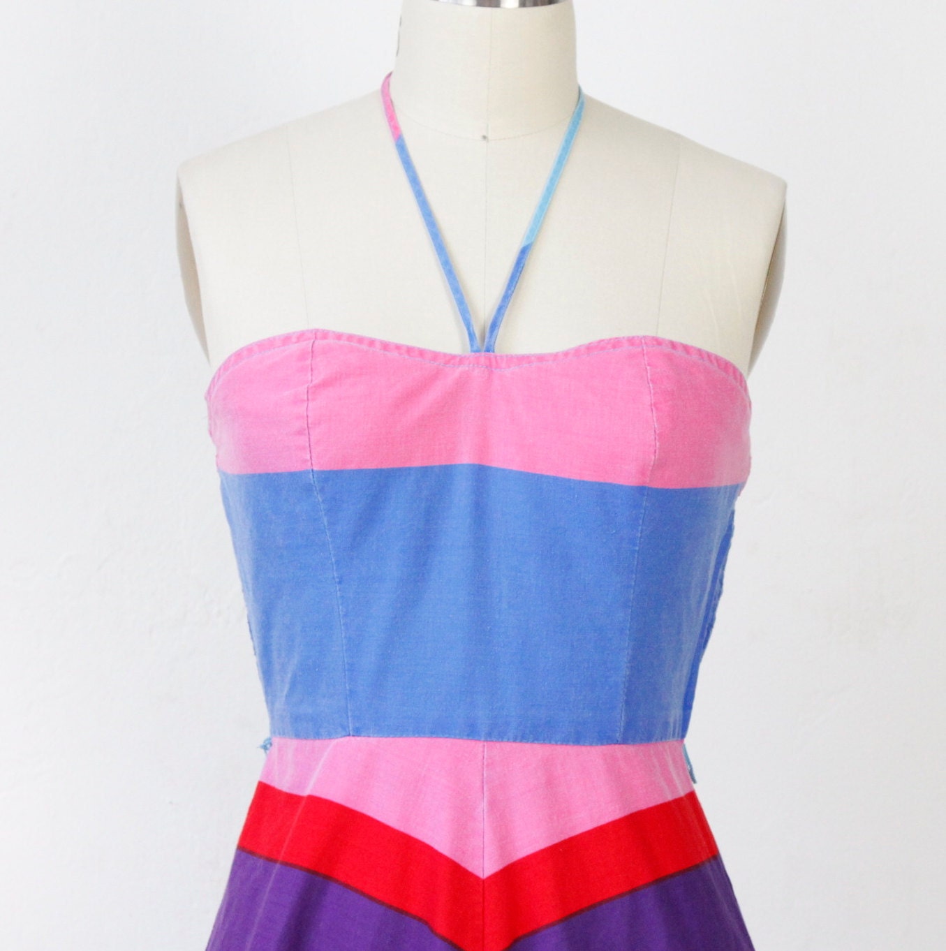 Rainbow Print 1970s Cotton Halter Dress