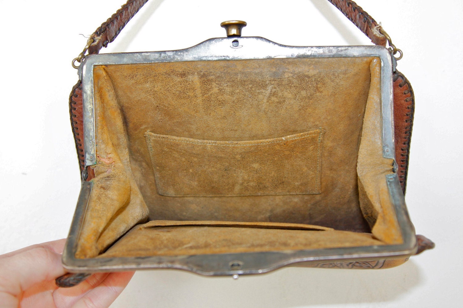 Art Deco Nouveau Floral Tooled Leather Vintage Bag