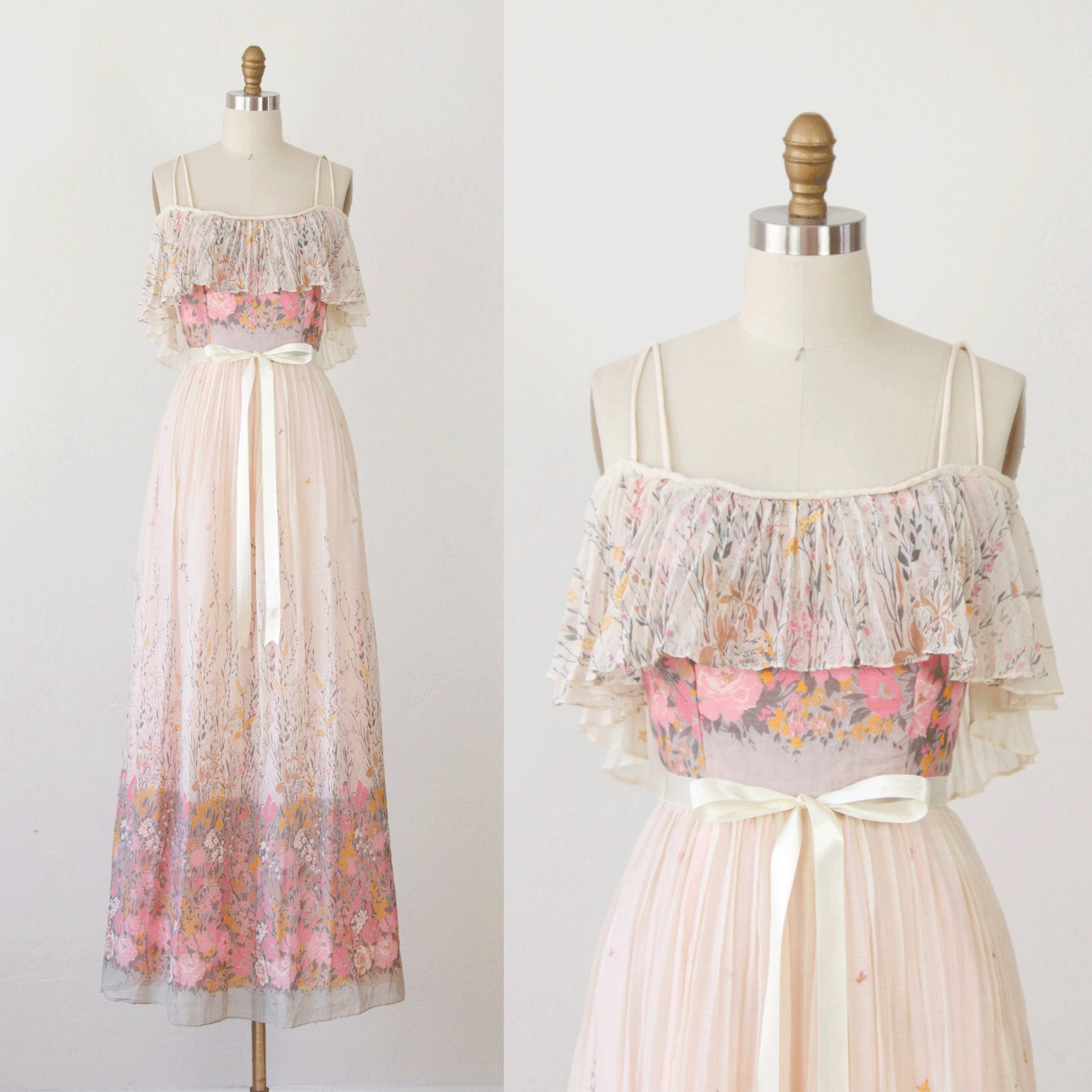 RESERVED Pink and White Long Pleated Floral Meadow Dress