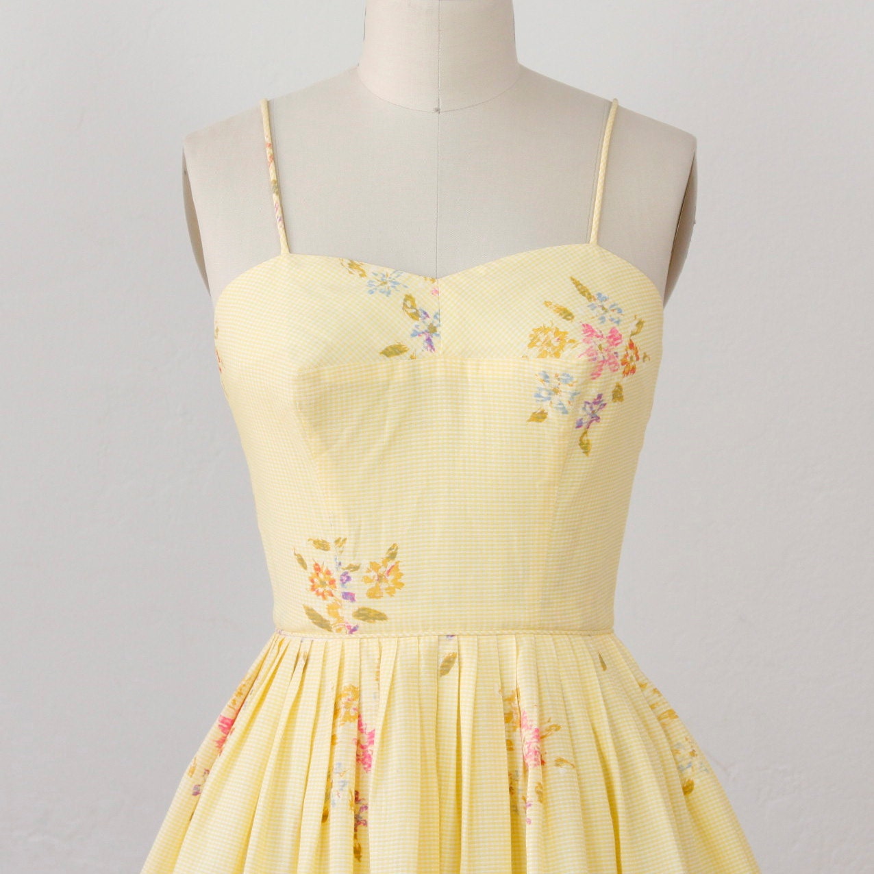 Yellow Gingham Floral Print Full Skirt Dress