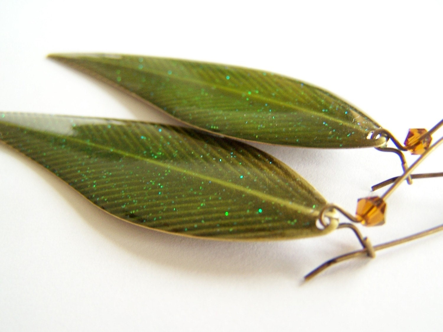 Green Botanical Leaf Earrings - Leaf - Long Green Leaves & Amber Swarovski Crystal Accents - Fashion Earrings