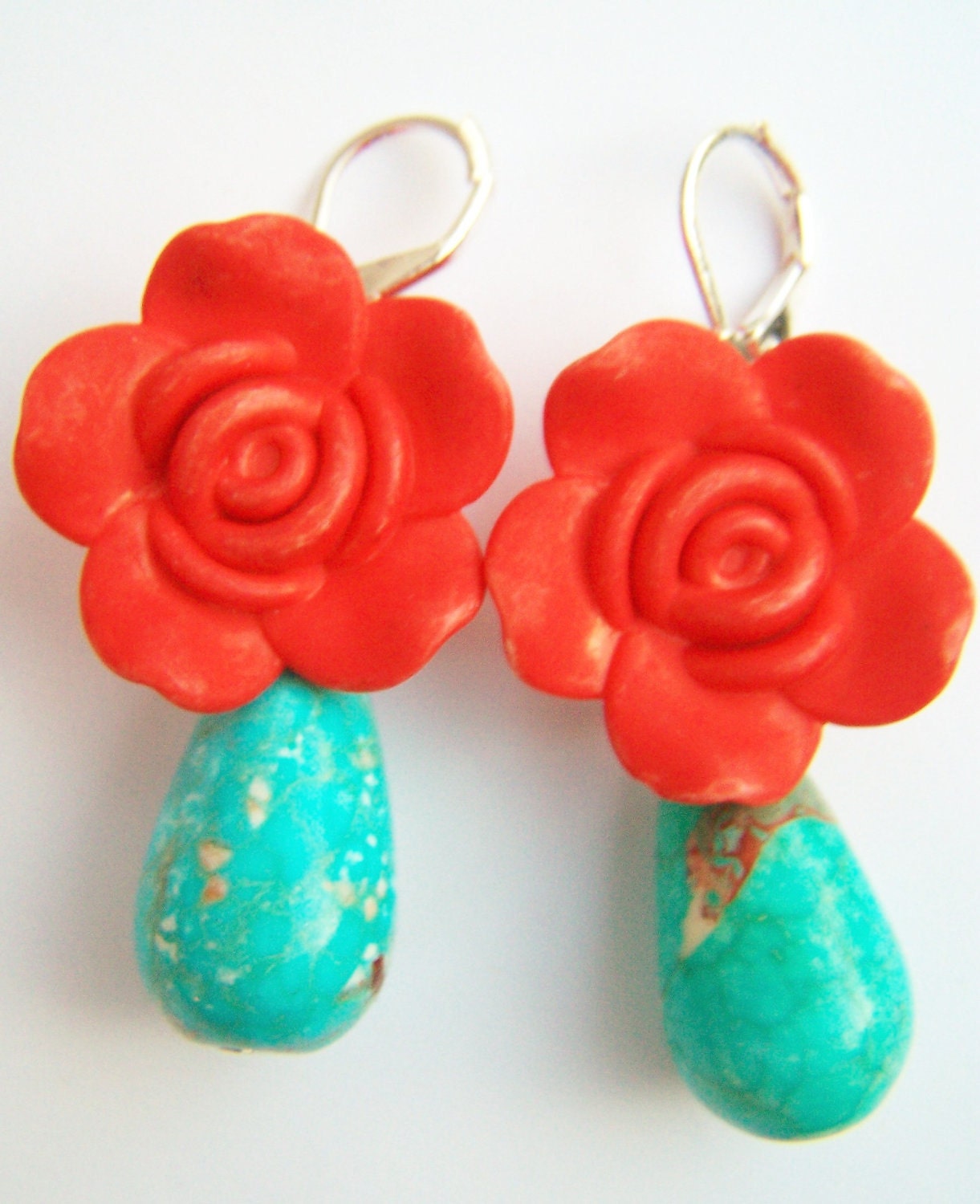 Red & Turquoise Frida Kahlo Earrings - Carmen - Clay Flowers and Stone Drops on Leverbacks