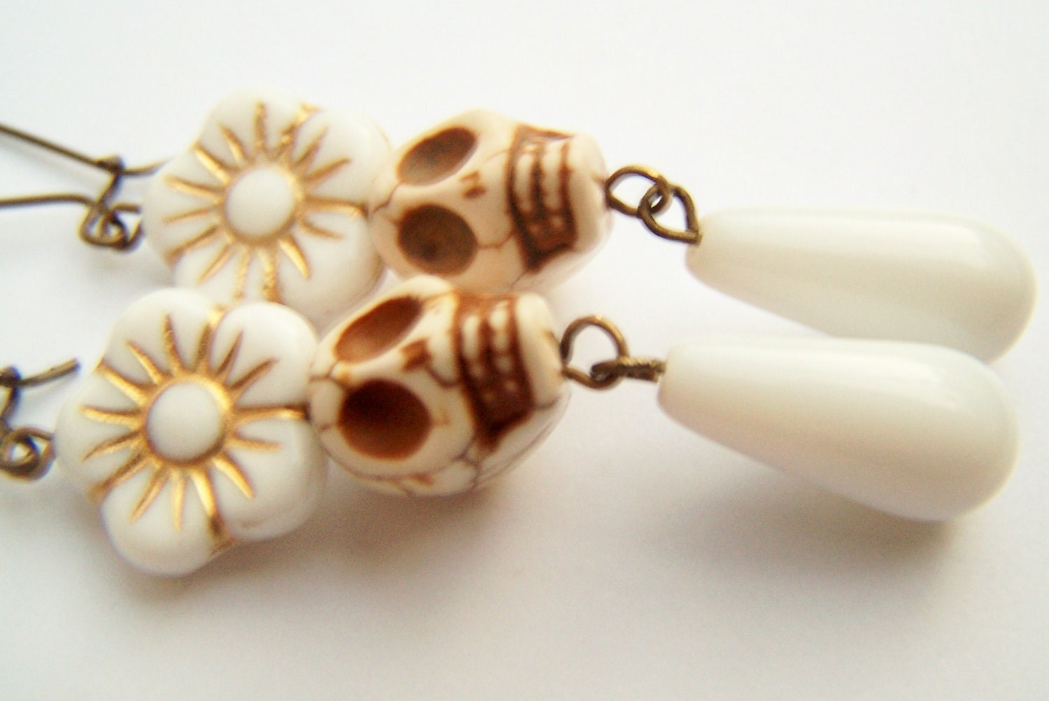 Day of the Dead Earrings - Muerta - White Sugar Skull Earrings with White Glass Flowers & Drops