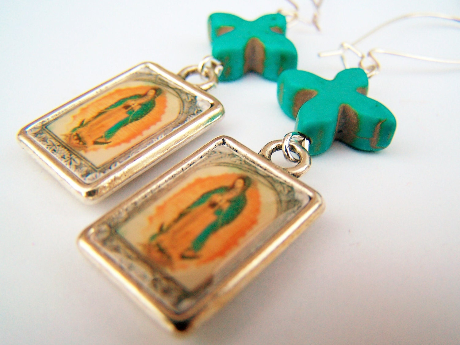 Virgin de Guadalupe Earrings - Guadalupe - Turquoise Crosses & Mexican Icon Charms on Kidneywires - Day of the Dead