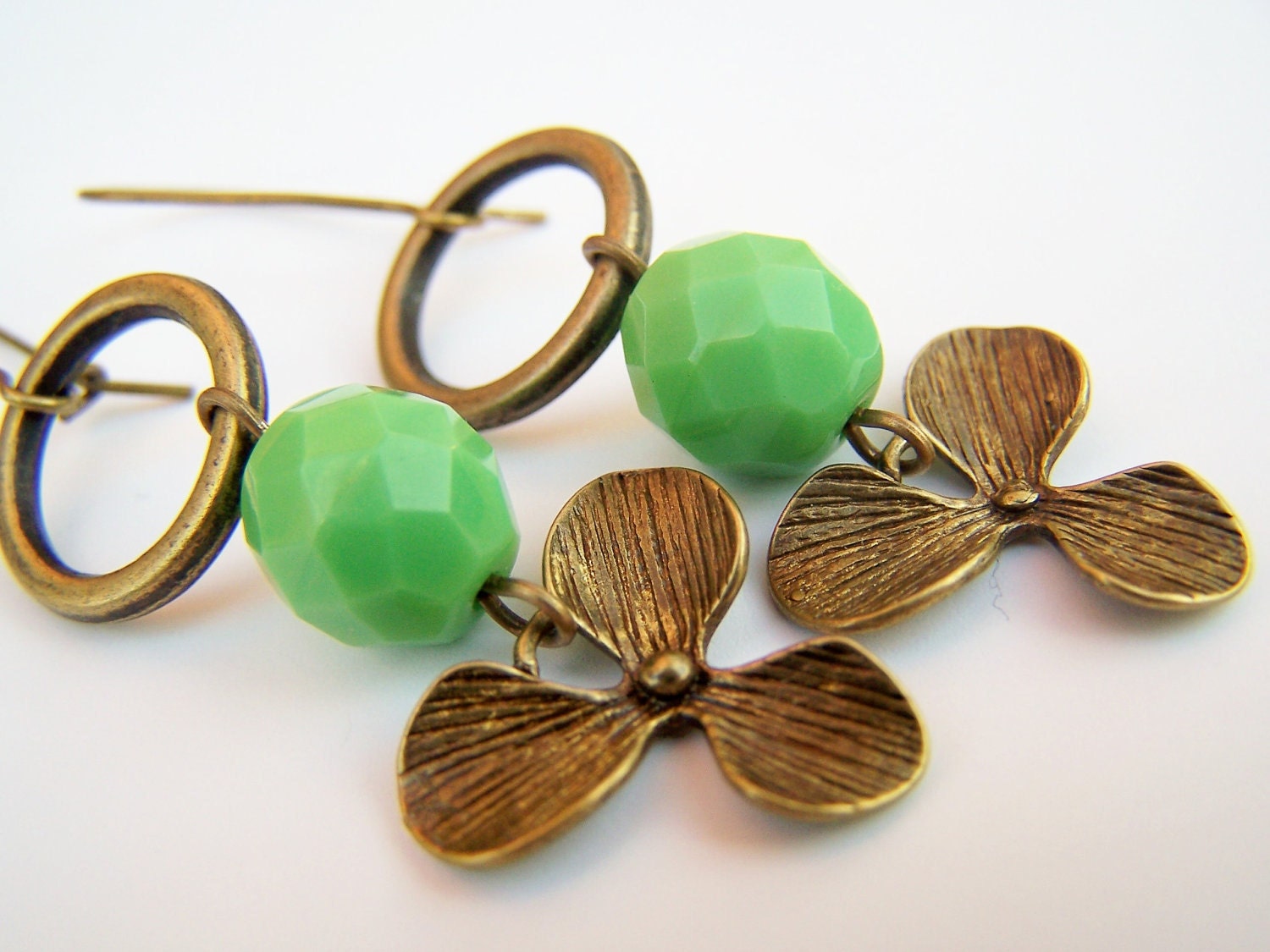 Antiqued Brass Clover Earrings, Vintage Inspired 3-Leaf Clover with Green Czech Glass Beads - Sprout
