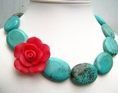 Turquoise Statement Necklace with Red Rose - Frida - Chunky, Asymmetric Beaded Jewelry