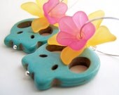 Day of the Dead Earrings, Flower Skull Earrings, Turquoise Sugar Skulls with Tropical Flowers, Skull Jewelry - Skullina