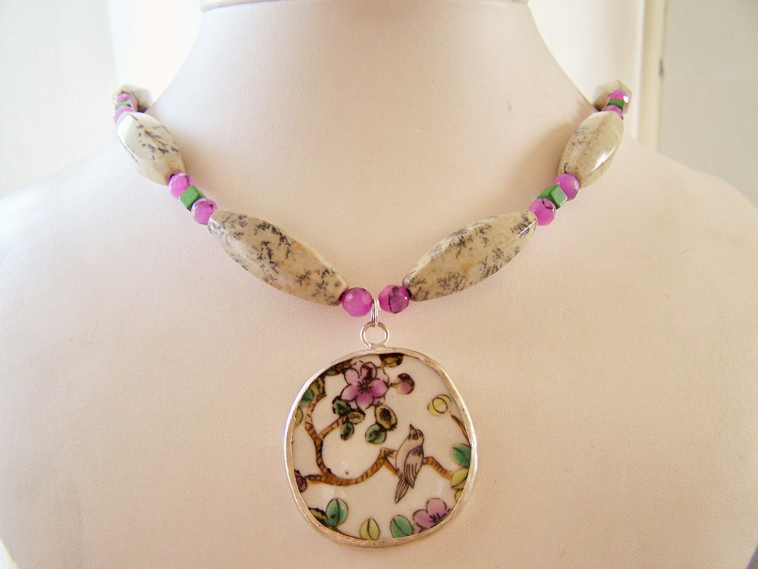 One of a Kind Bird Necklace - Tweet - Stone Beads & Porcelain Pendant - Pottery Shard Necklace