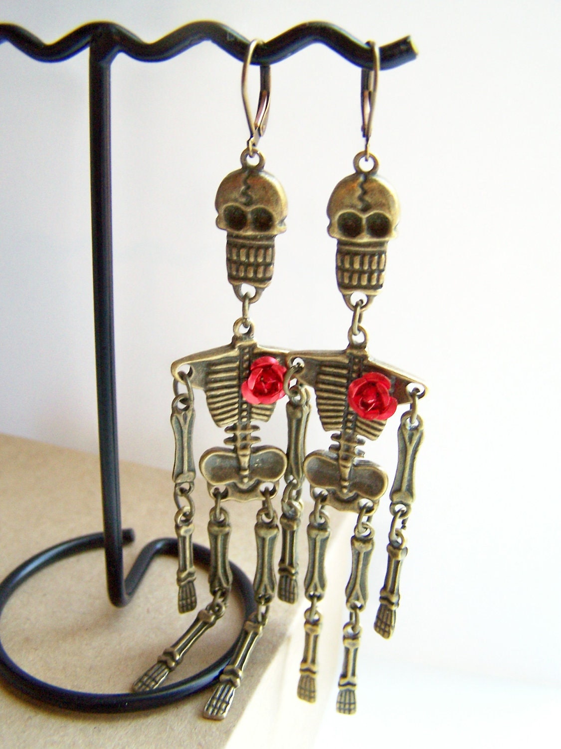 Skeleton Earrings - Bones - Articulated Dancing Skeletons on Leverbacks - Long Day of the Dead Earrings - Antiqued Brass