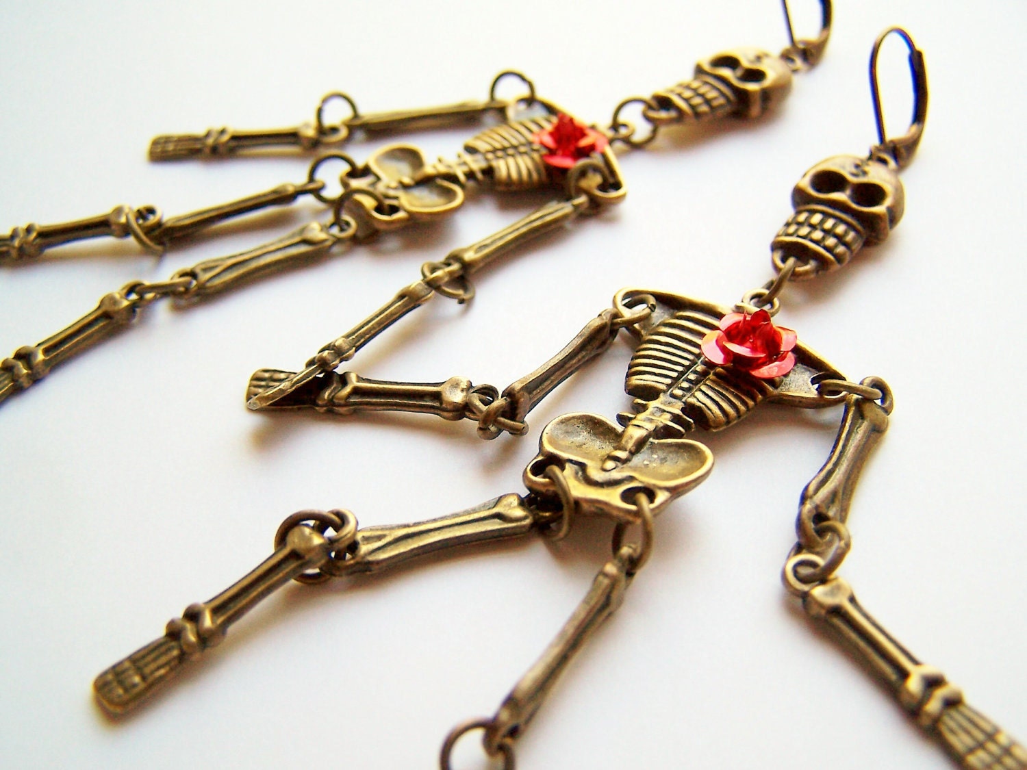 Skeleton Earrings - Bones - Articulated Dancing Skeletons on Leverbacks - Long Day of the Dead Earrings - Antiqued Brass
