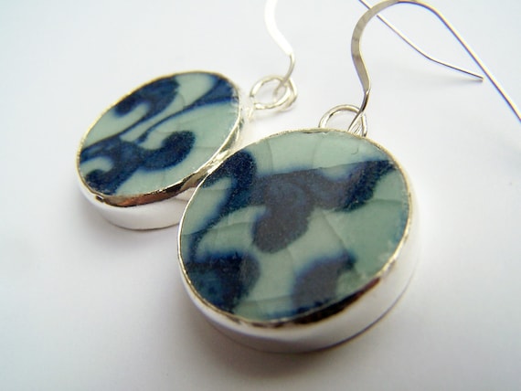 Blue Pattern China Earrings - Traditional Pottery Shard Earrings - Ching - Blue & White Porcelain on Sterling Fishhooks