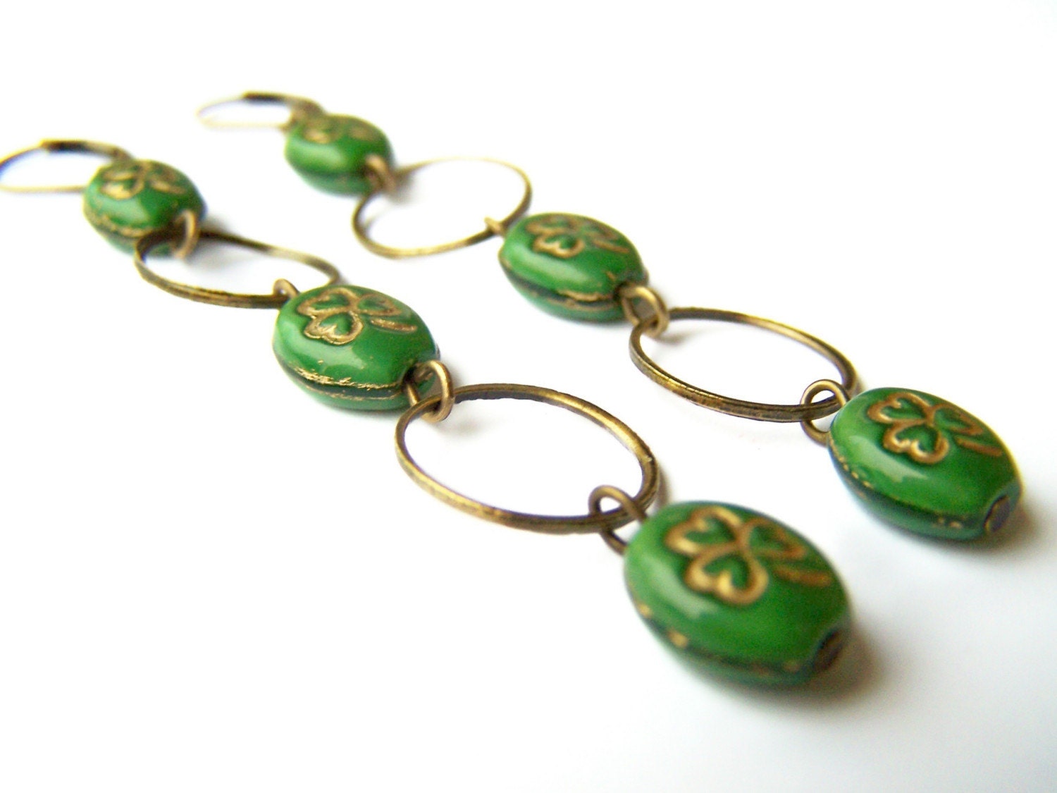 Green St. Patrick's Day Earrings - Shamrocks - Green Czech Glass Clovers & Antiqued Brass Hoops on Leverbacks