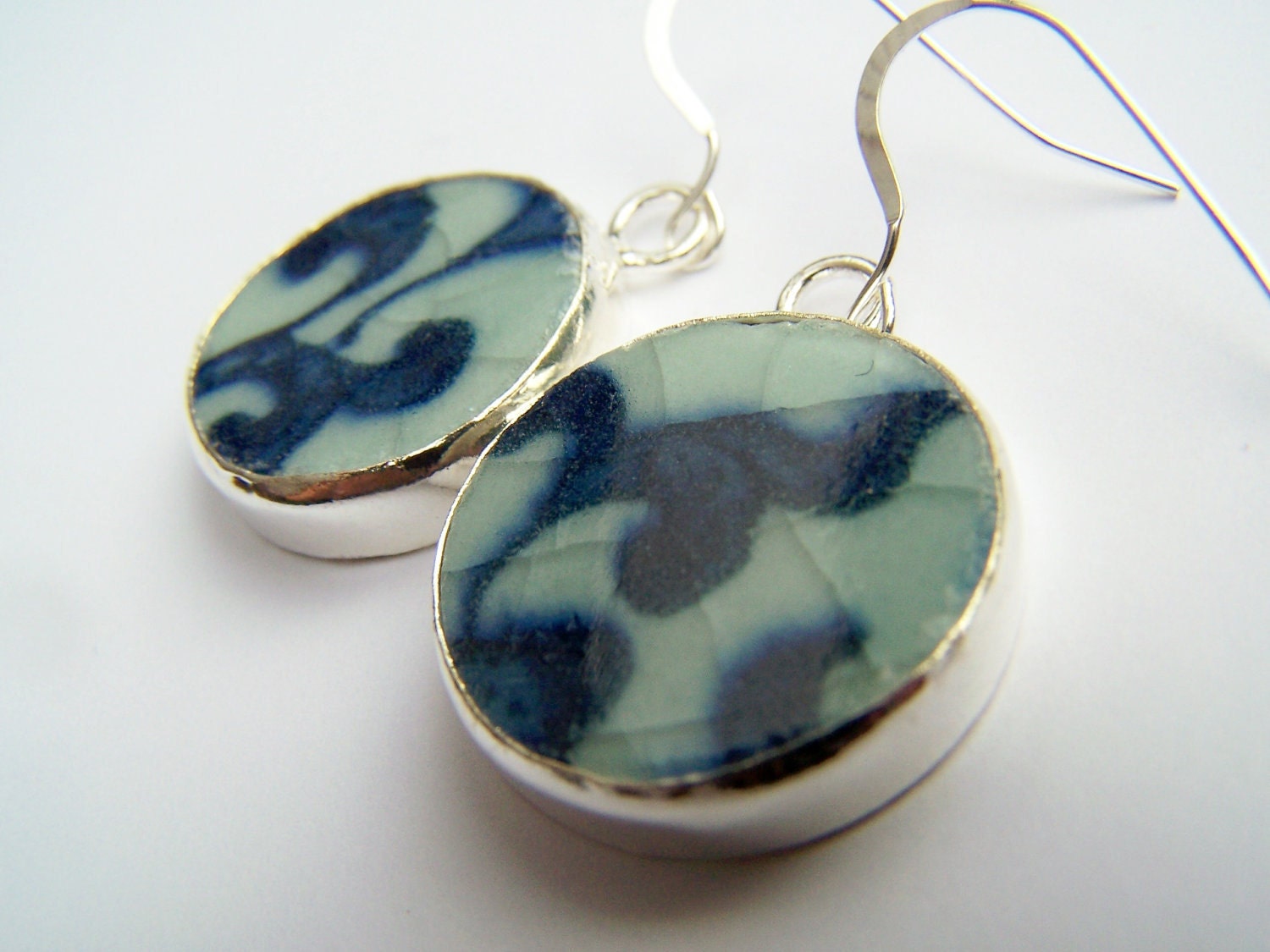 Blue Pattern China Earrings - Traditional Pottery Shard Earrings - Ching - Blue & White Porcelain on Sterling Fishhooks