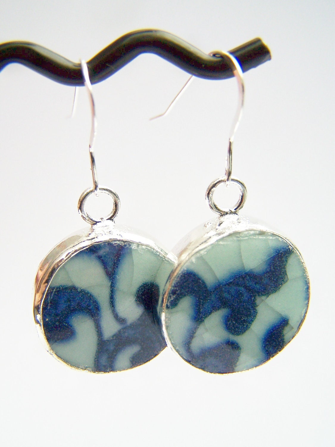 Blue Pattern China Earrings - Traditional Pottery Shard Earrings - Ching - Blue & White Porcelain on Sterling Fishhooks