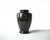 Vintage Redware Pottery Vase Black Moriage Flowers Gold
