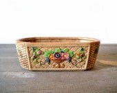 Vintage Pottery Vase Planter Beige Basketweave Floral Urn