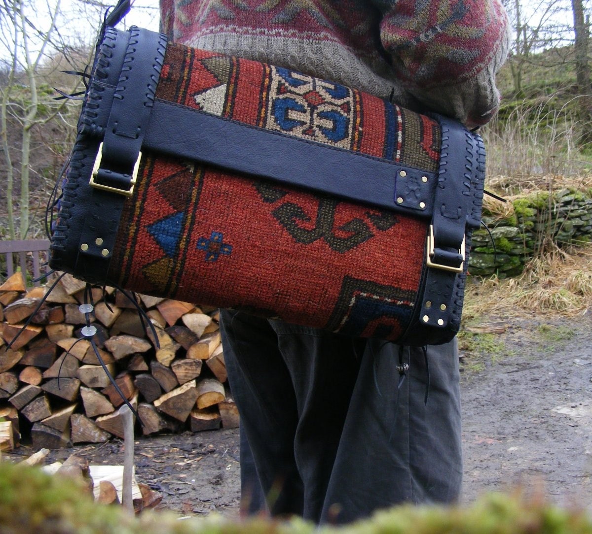 Carpet bag from Antique tribal rug Buffalo hide Mahogany Amethyst Waxed Leather