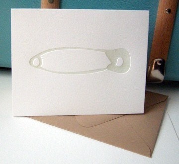 Letterpress folded notes with diaper pin in sage green (set of 8)