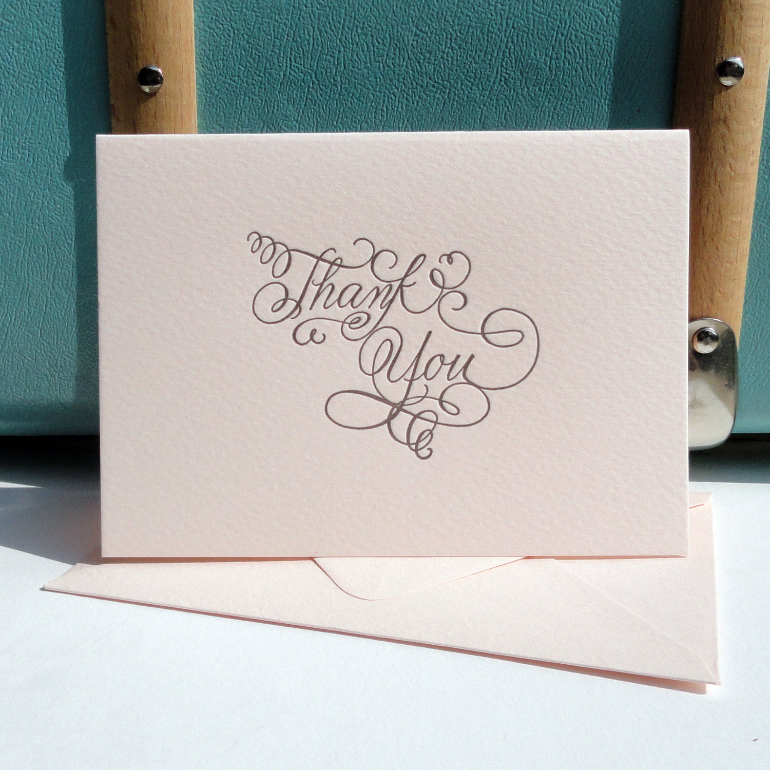 Calligraphy letterpress thank you notecards and envelopes in charcoal on blush pink paper(set of 8)
