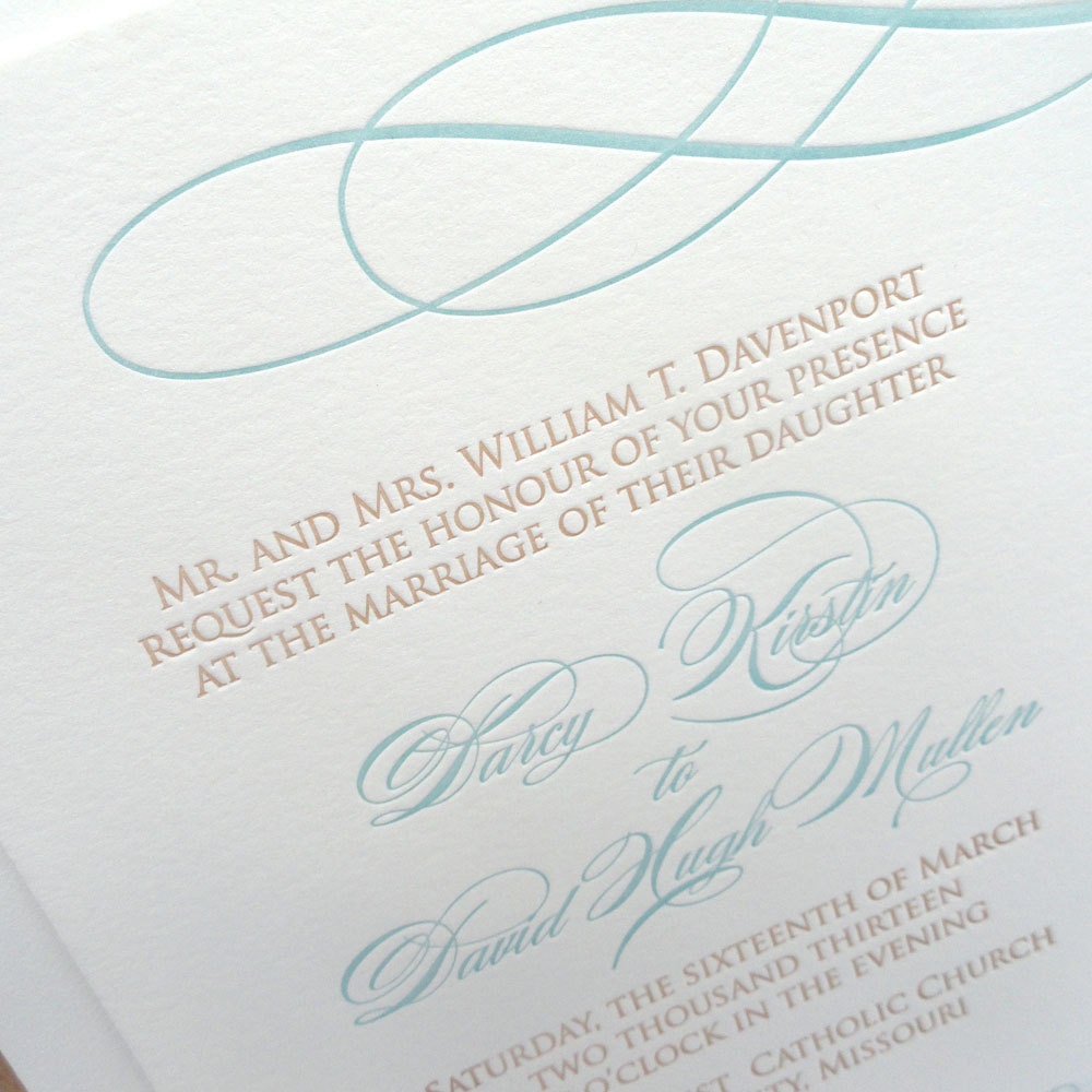 Classic Swirl letterpress wedding invitation - lagoon blue and sand - SAMPLE