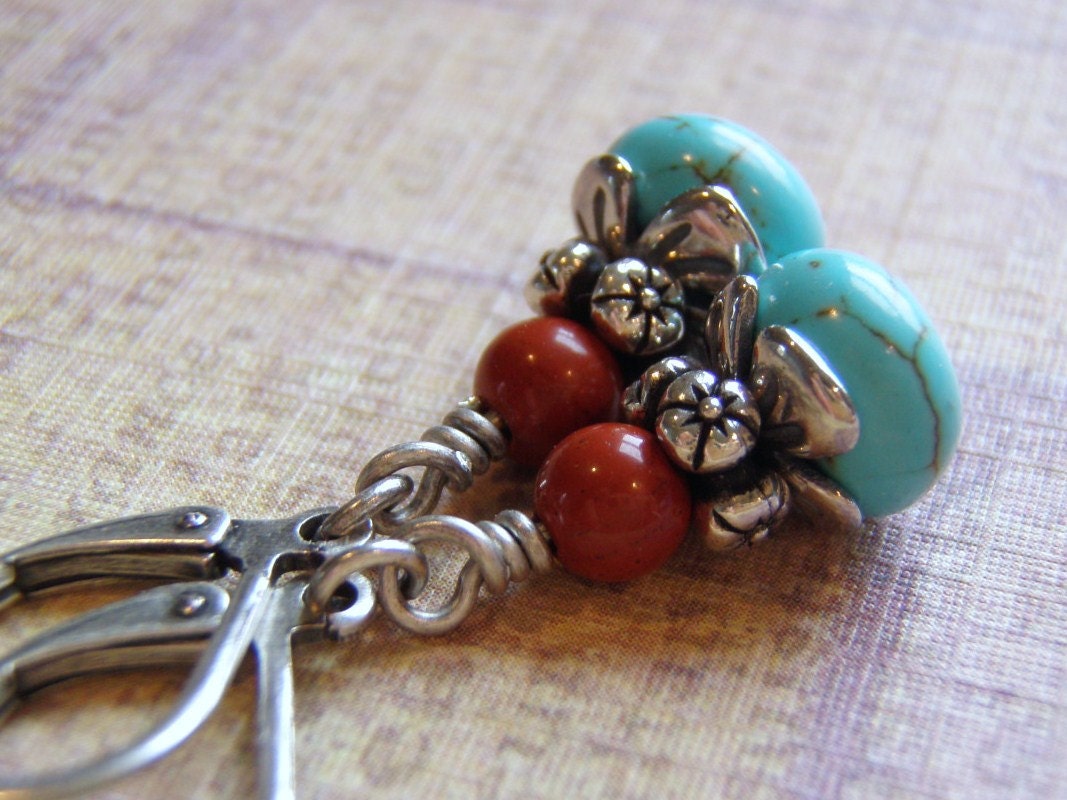 Red Jasper and Howlite Earrings, Antique silver, Lever Back Ear Wire