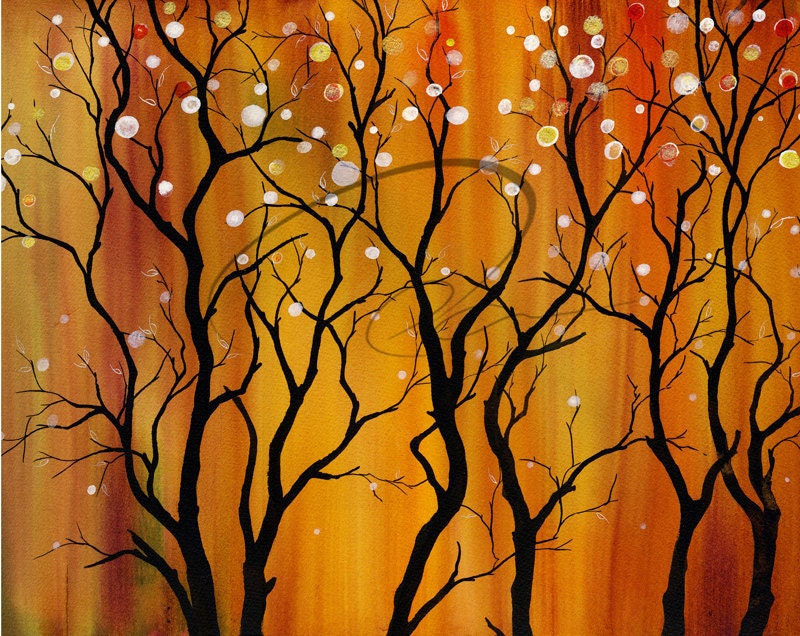 Magic Forest - Art Print Watercolor landscape painting glowing trees magical lights home office wall interior decor Canadian Oladesign 8x10
