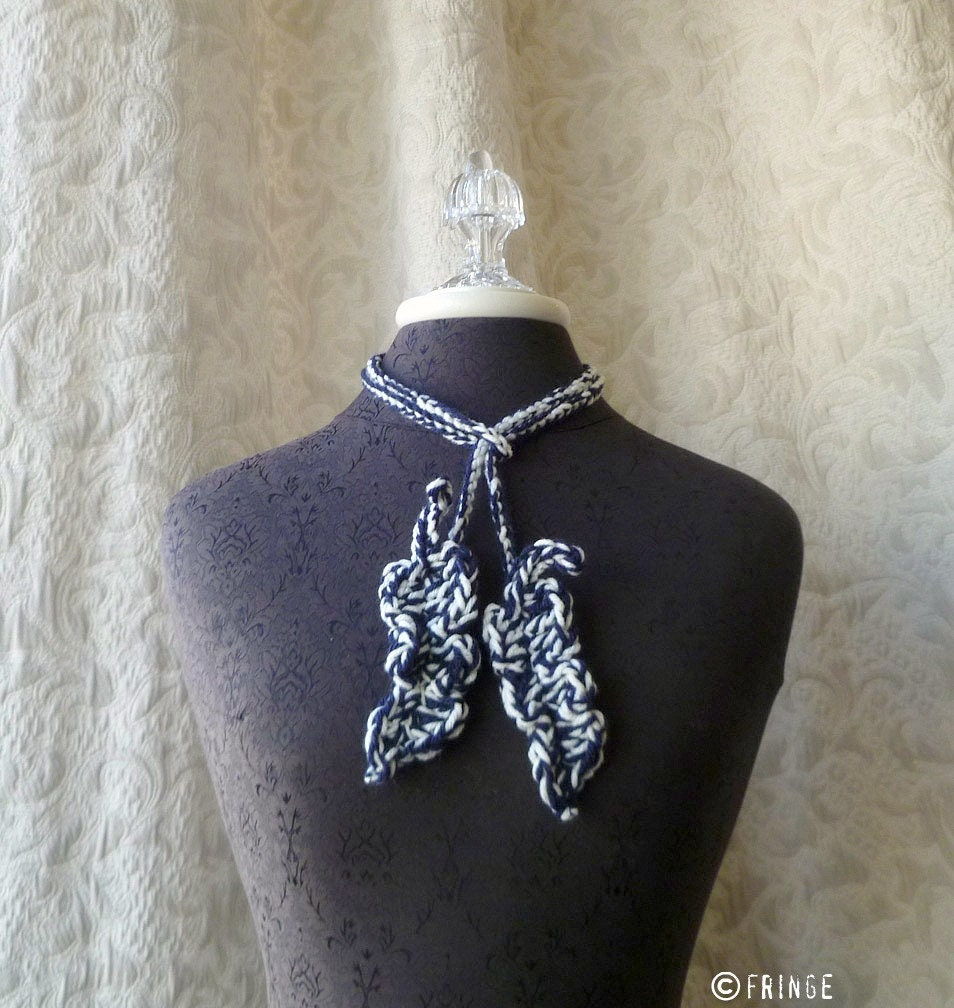 The Palette Feather Lariat in nautical navy and cream -  Crocheted Scarflette
